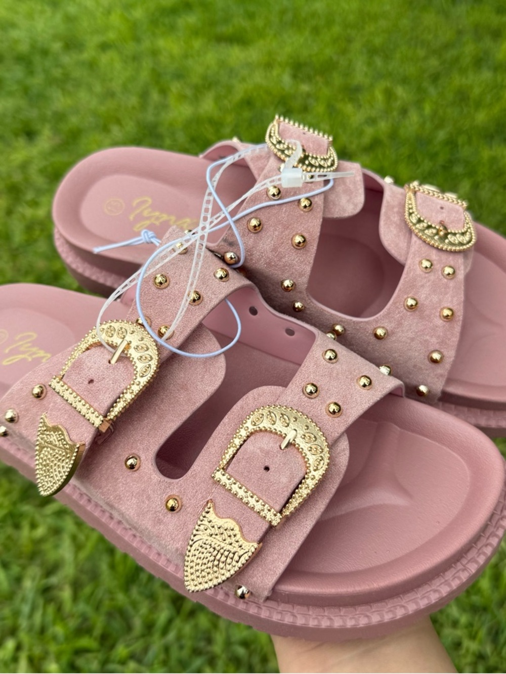 Studded Pink Buckle Slide Sandals